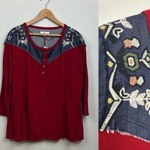 NWT Comme Toi Anthropologie Red Embroidered Top Sz M